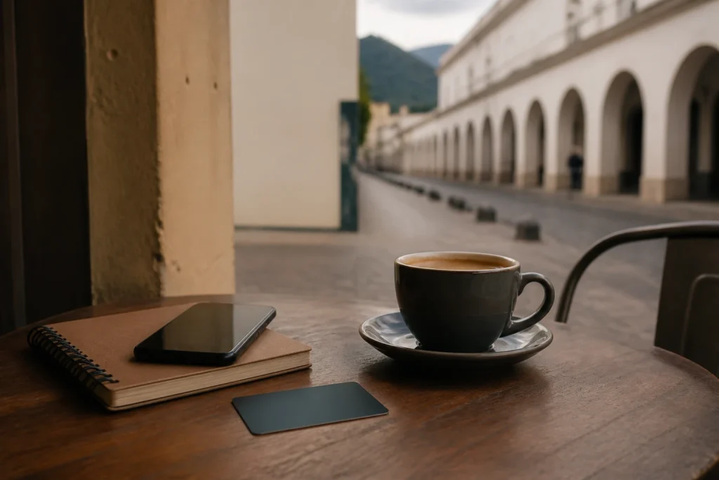 Notebook, payment card, phone, and coffee on a café table