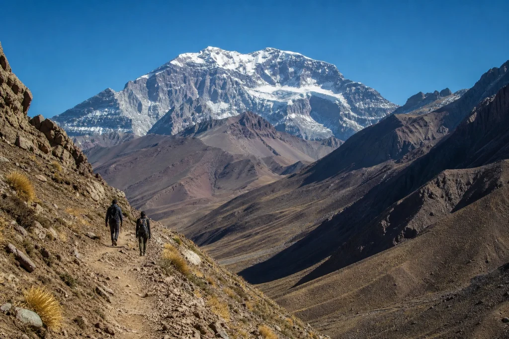 Hikers on a trail beneath Aconcagua in Argentina