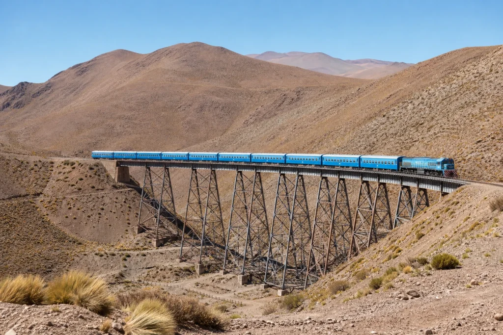 Tren a las Nubes crossing La Polvorilla Viaduct in Argentina's high Puna.