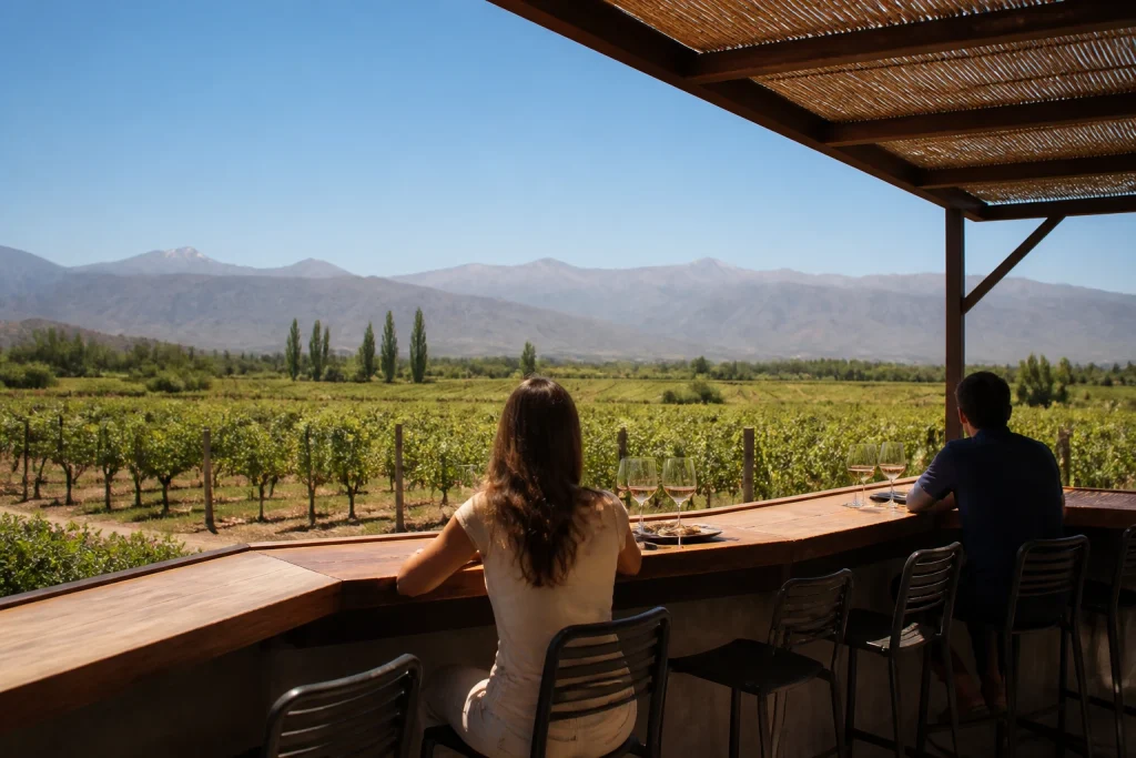 Vineyard terrace at Tempus Alba winery in Maipú
