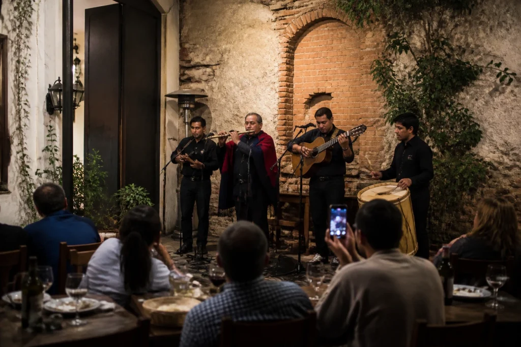 Regional musicians performing at a Balcarce Street peña in Salta