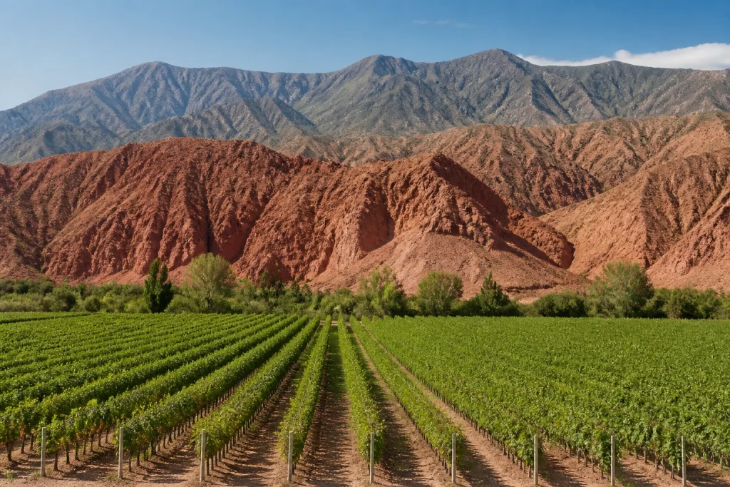 Vineyards beneath dry Andean foothills near Cafayate in Salta