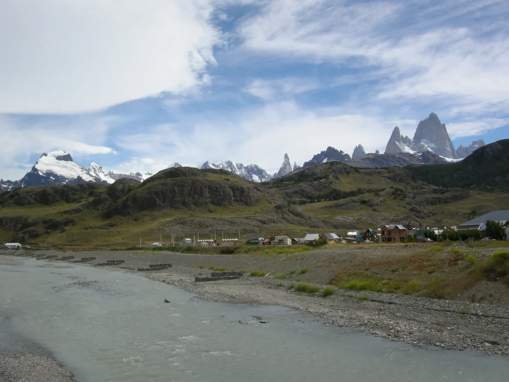 The granite spires of Fitz Roy above the Patagonian landscape near El Chaltén