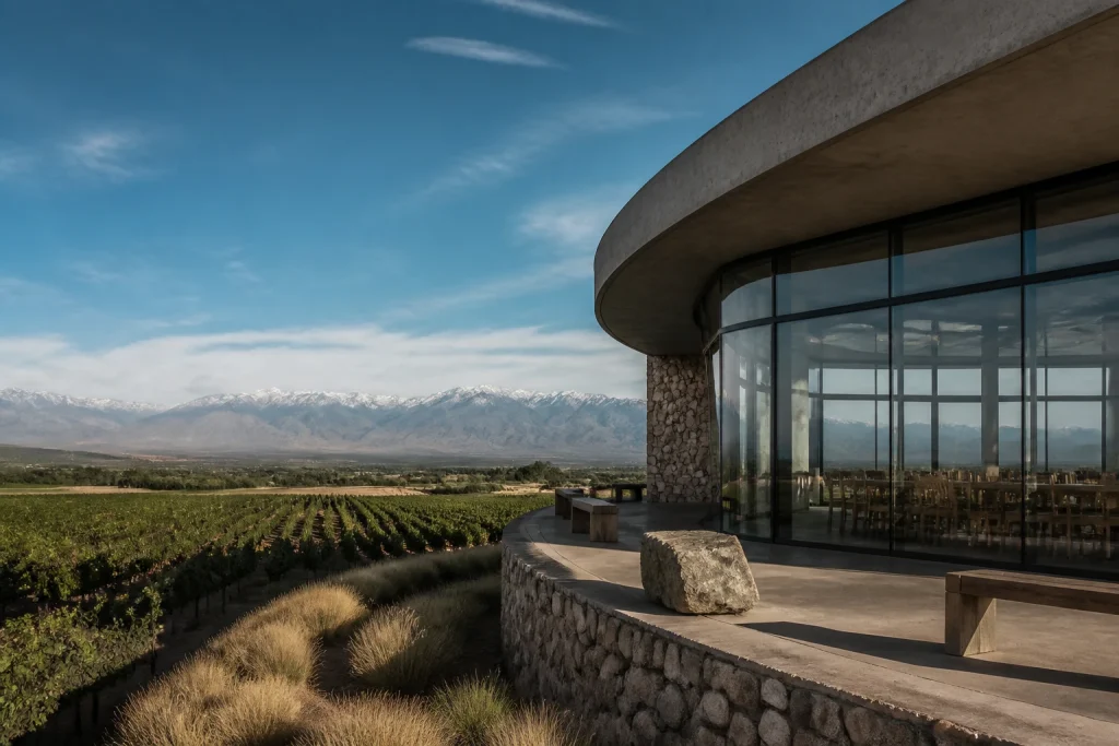 Piedra Infinita Cocina at Zuccardi Valle de Uco with the Andes beyond