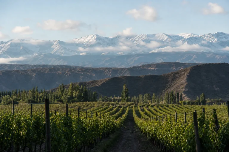 Vineyards in Luján de Cuyo with the Andes beyond, Mendoza, Argentina