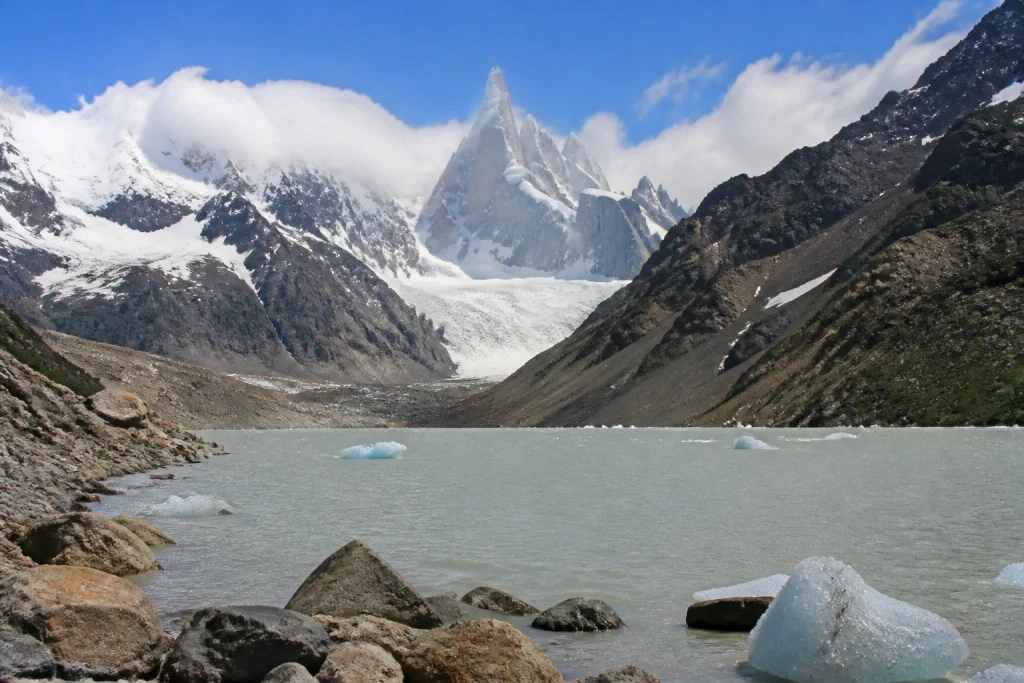 Mount Torre viewed across Laguna Torre near El Chaltén