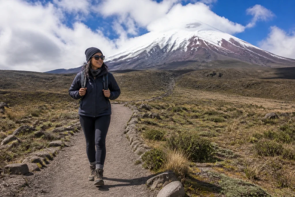 Prepared hiker on a highland trail in Cotopaxi National Park