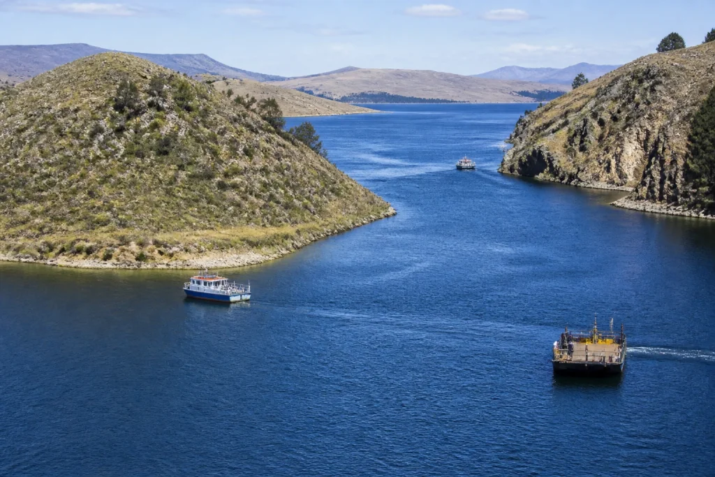 The Tiquina Strait and surrounding Lake Titicaca shoreline in Bolivia