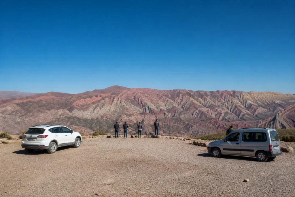 Visitors at the high-altitude Hornocal viewpoint overlooking the colored range
