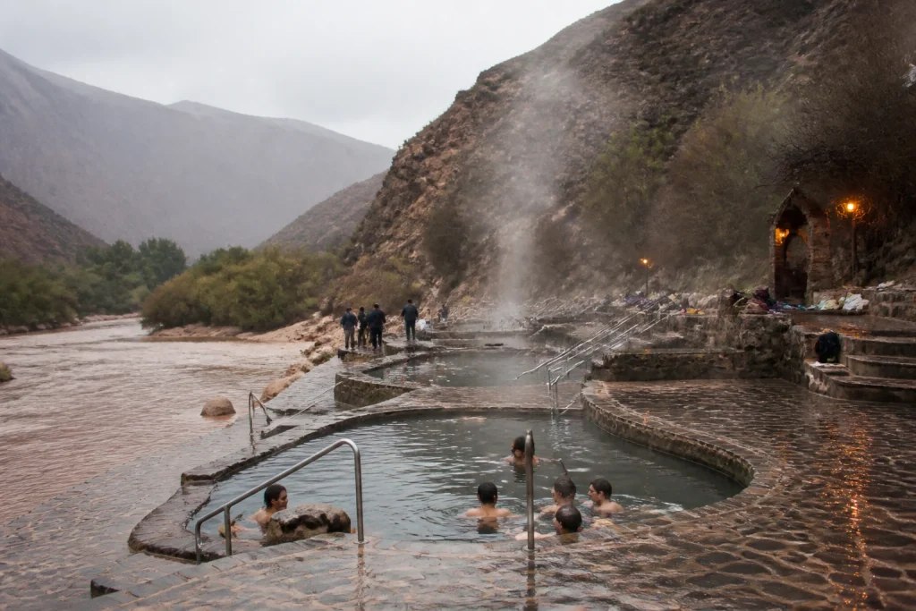 Thermal pools at Cacheuta hot springs in Mendoza during overcast weather
