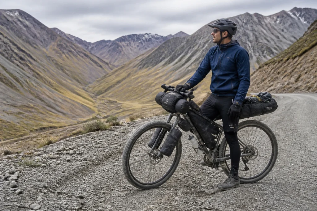 Equipped cyclist beside a gravel road in Argentina’s high Andes