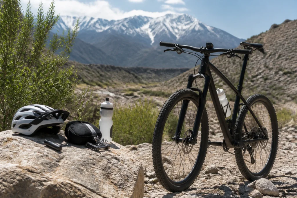 Mountain bike and safety equipment prepared for riding near Mendoza, Argentina