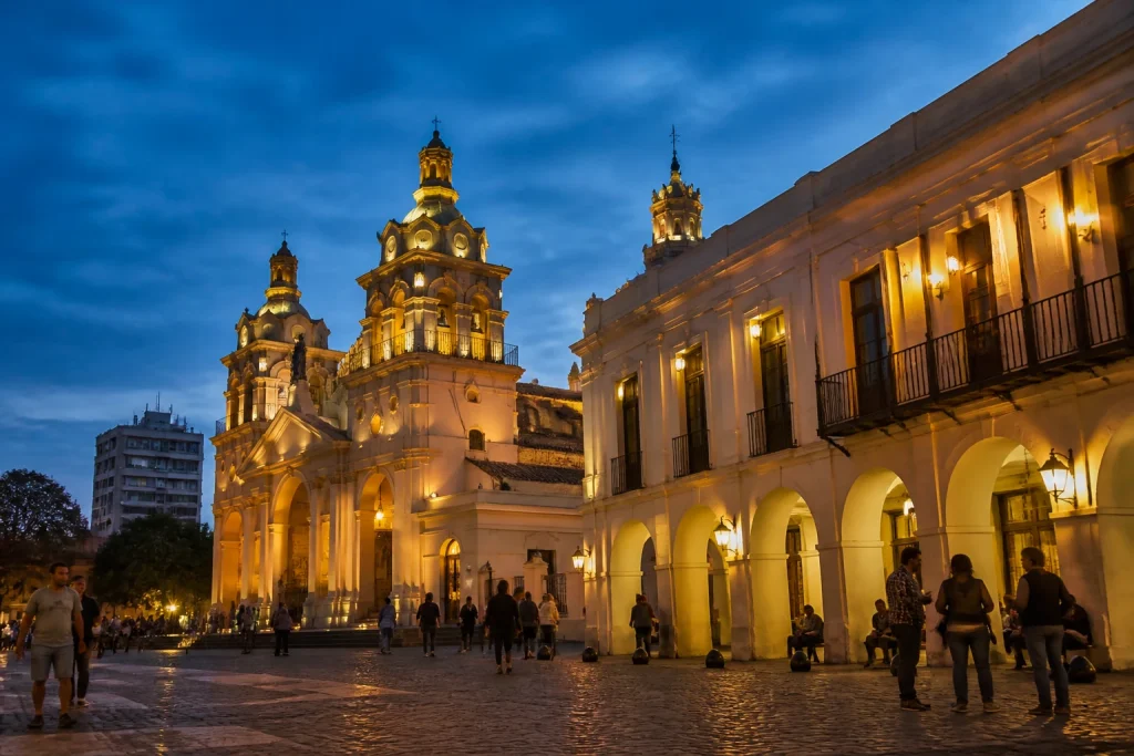 Historic center of Salta illuminated in the early evening