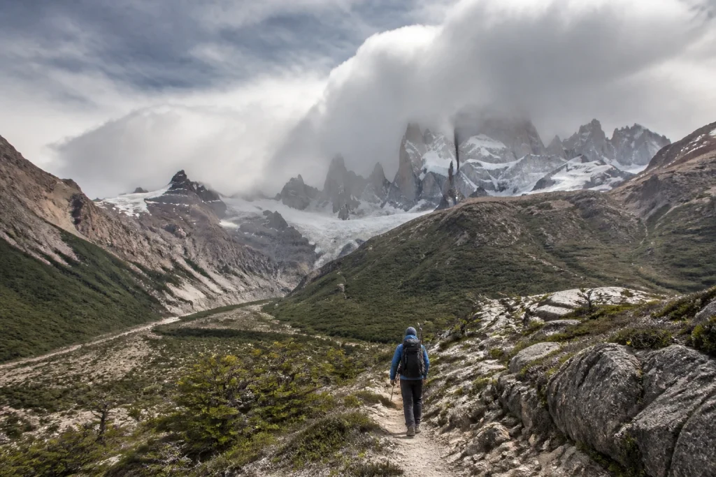 Hiker on a summer trail in Los Glaciares National Park near El Chaltén