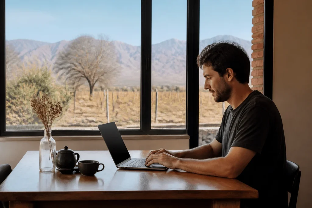 Remote worker using a laptop at a practical workspace in Mendoza