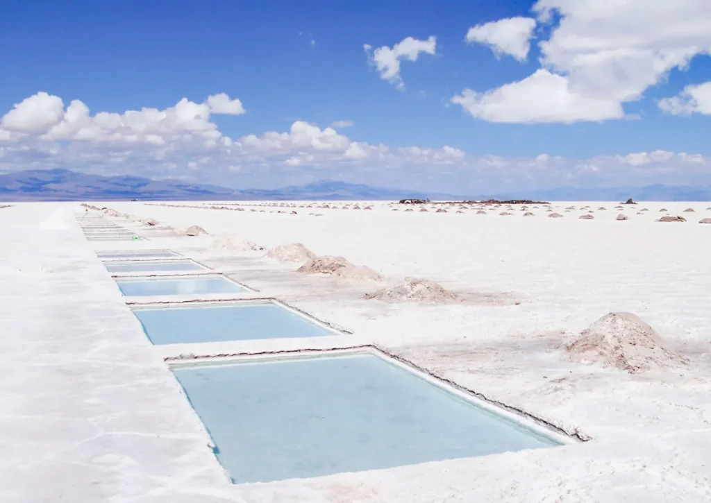 White salt plain and distant mountains at Salinas Grandes in Jujuy, Argentina.