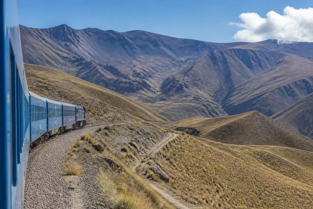 Train to the Clouds traveling through high Andean terrain near Salta, Argentina.