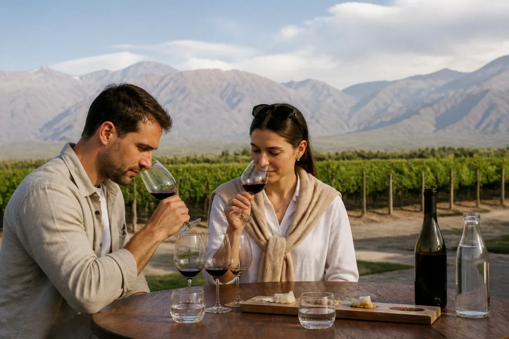 Couple enjoying a wine tasting at a Mendoza vineyard
