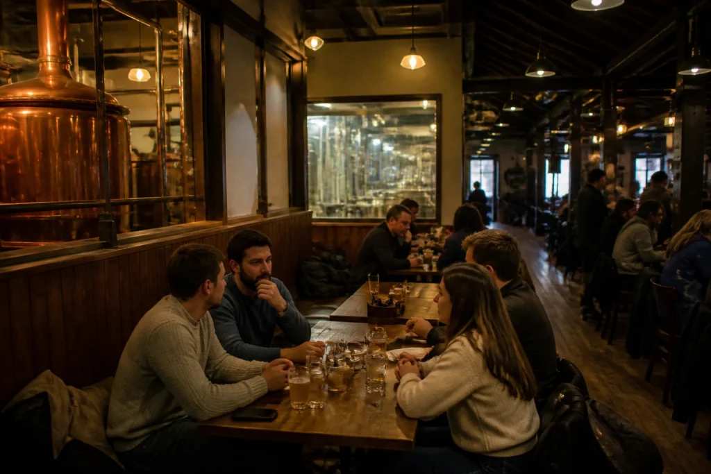 Evening interior of a brewery and pub in Bariloche