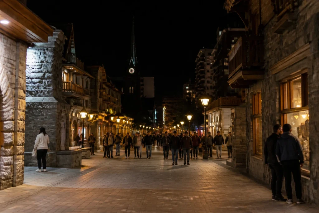 Street-level evening scene in Bariloche city center