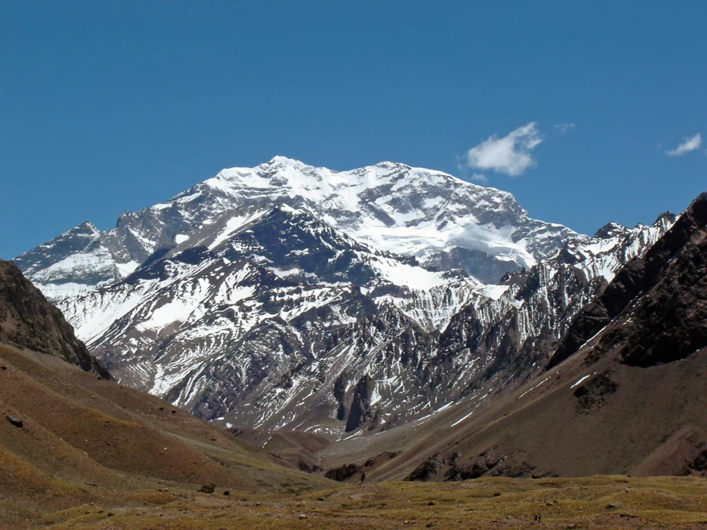 Aconcagua rising above dry Andean foothills in Argentina