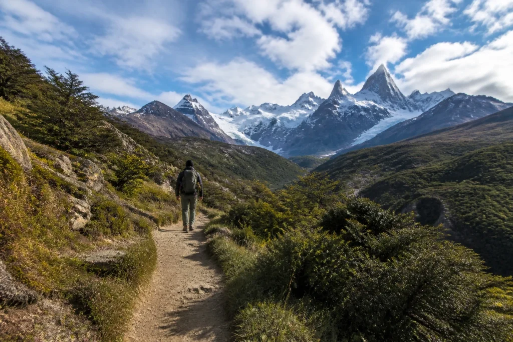 Solo hiker on a mountain trail near El Chaltén in Argentine Patagonia