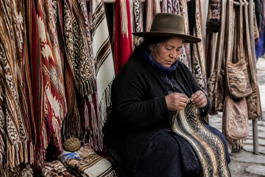 Woven ponchos, blankets, belts, and bags at an artisan market in Salta