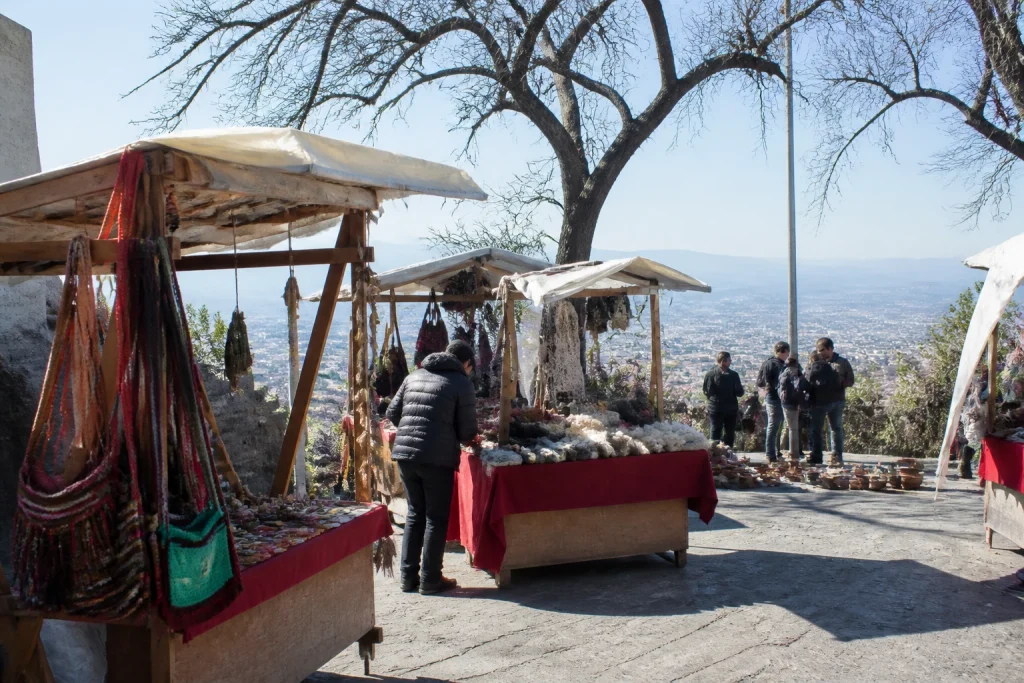 Artisan craft stalls at the summit of Cerro San Bernardo in Salta