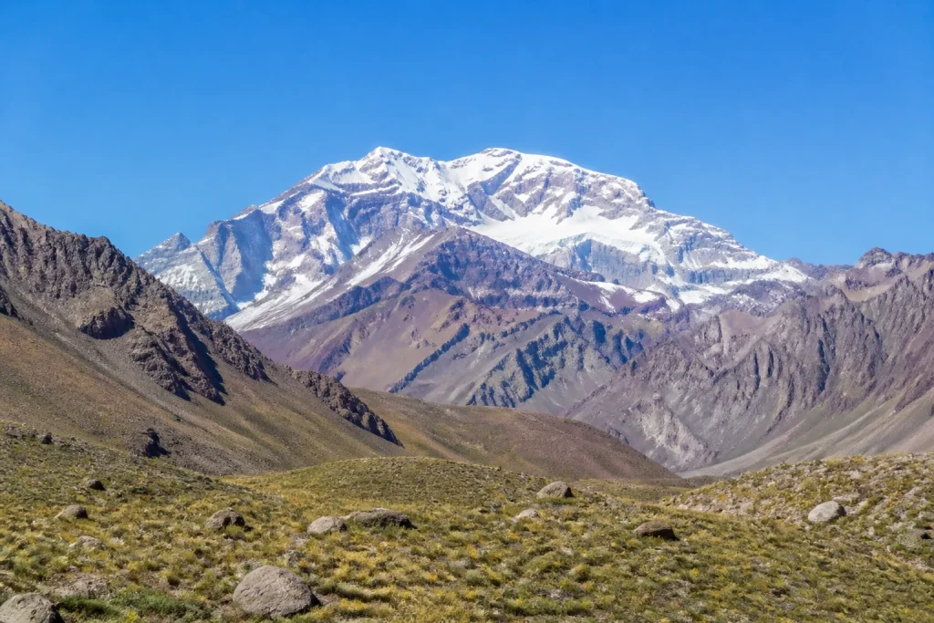 Mount Aconcagua above the high-Andean landscape in Argentina