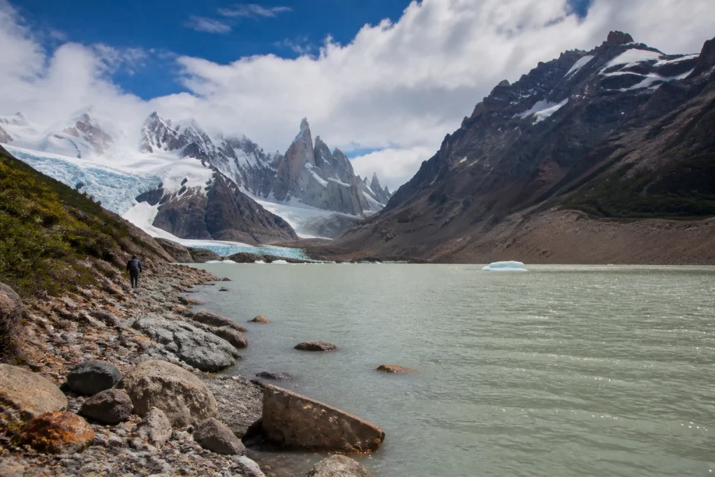 Laguna Torre and rugged mountains on the walking route from El Chaltén