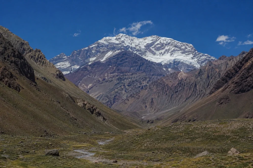 Aconcagua rising above the Horcones sector of Aconcagua Provincial Park in Mendoza, Argentina
