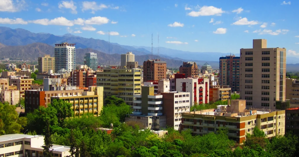 Mendoza city in Argentina with the Andes in the distance
