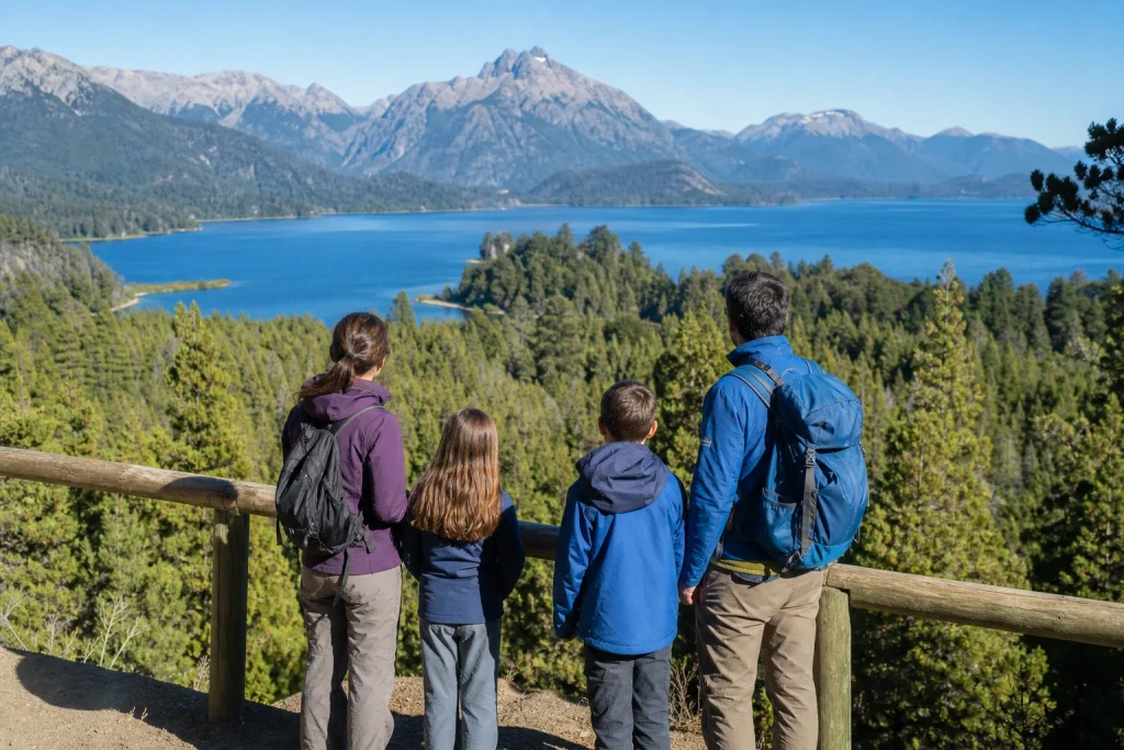 Family overlooking Lake Nahuel Huapi and the Andes near Bariloche, Argentina