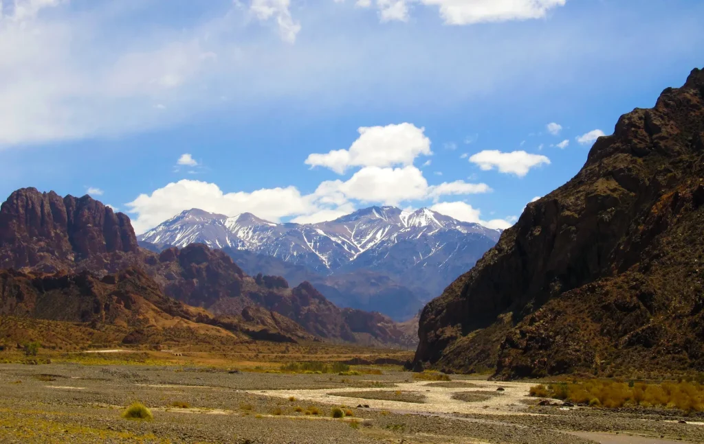 Snow-covered Andes and mountain valley near Mendoza, Argentina