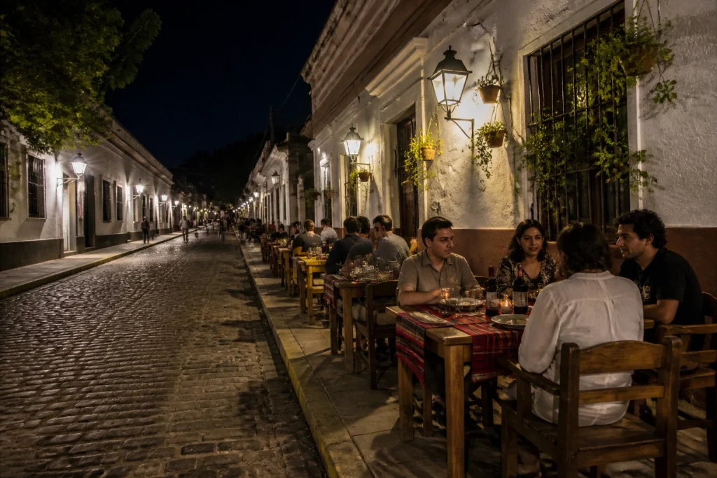 Evening dining atmosphere on Calle Balcarce in Salta