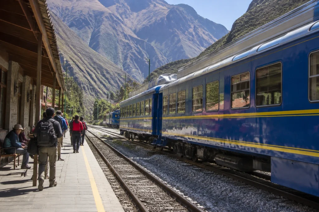 Passenger train at Ollantaytambo railway station in Peru